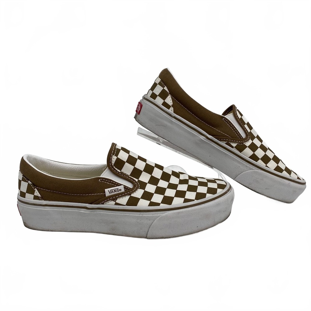 Vans Brown White Checkered Platform Slip-On Sneakers | Women’s 8.5